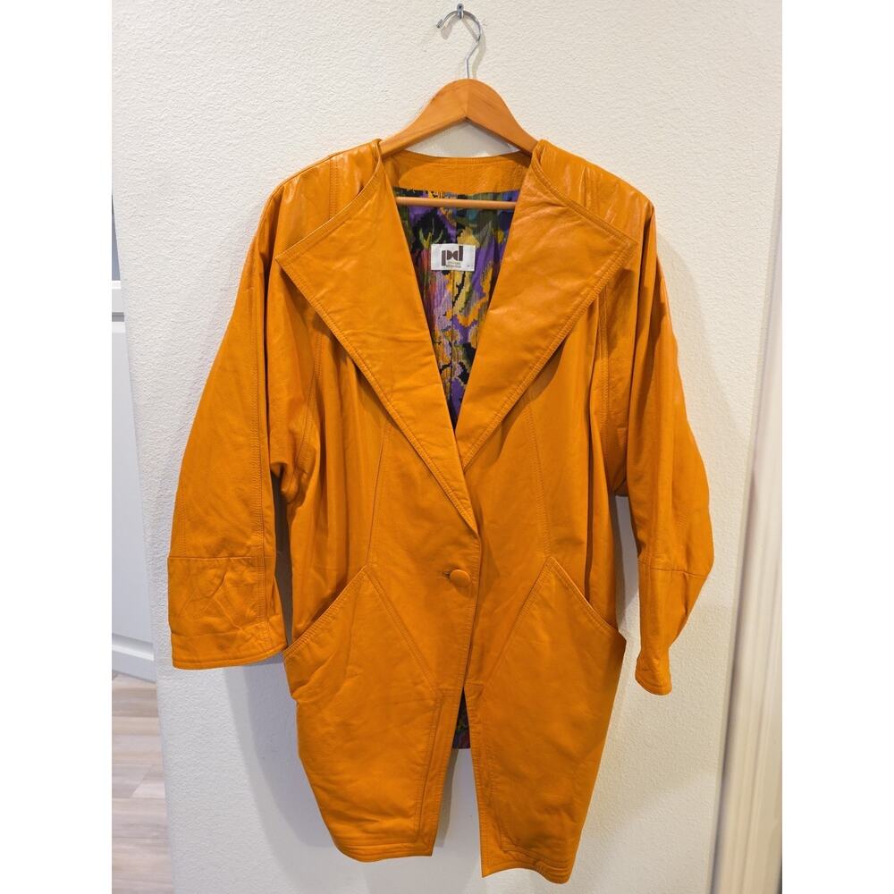 VTG 80's Orange Leather Coat Single Button Deep Pockets PD Design Munchen Sz L